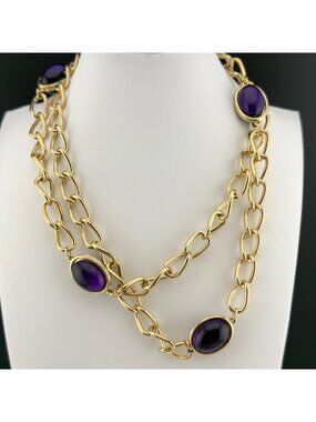 Gold Tone Chain Cabochon Station Necklace Purple Acrylic 30”